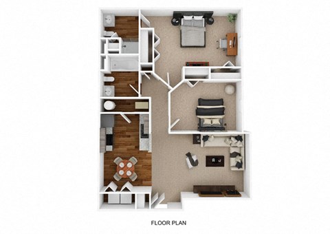 a stylized floor plan with a bedroom and living room